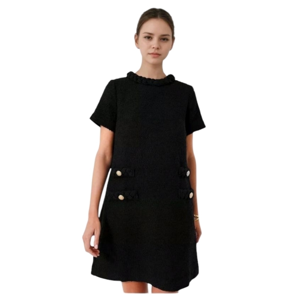 Entro Women's Mini Black Dress With Braided Neck And Gold Button Detail. Size M - Picture 2 of 9